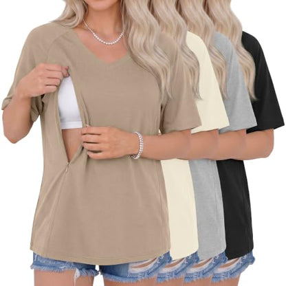 4 Pack Women's Nursing Short Sleeve Shirts - color: Khaki, Cream, Light Gray, Black, size: Medium