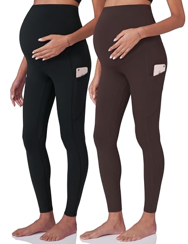 POSHDIVAH Maternity Workout Leggings Pregnancy Yoga Pants Pockets - color: 2pcs Black Dark Brown, size: XX-Large