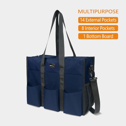 TOPDesign Utility Water Resistant Tote Bag with 22 Pockets, Zipper Closure - color: Blue, size: Medium