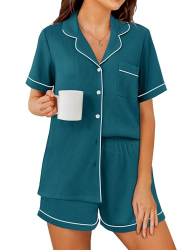 Ekouaer Womens Waffle Knit Pajama Sets Soft Short Sleeve Button Up Pjs - color: Strong Blue, size: Medium