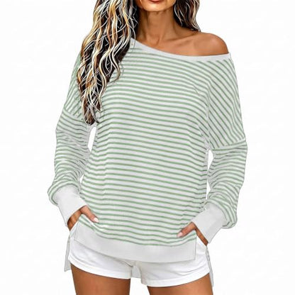 Fall Tops for Women 2026 off Shoulder Striped Top Long Sleeve Pullover Tops - color: Green, size: Small