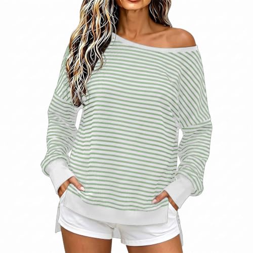 Fall Tops for Women 2026 off Shoulder Striped Top Long Sleeve Pullover Tops - color: Green, size: Large