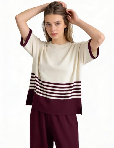 Women's Knit Lounge Sets 2 Piece Pants Sweatsuit - color: Burgundy, size: Large