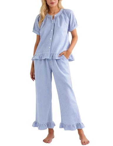 Flygo Womens Striped Pajama Sets Cotton 2 Piece Ruffle Lounge Pjs - color: Blue, size: Small
