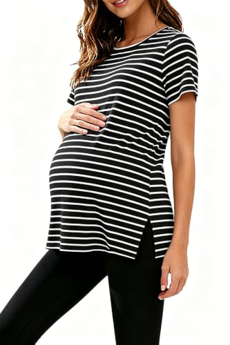 Women's Maternity Shirts Short Sleeve Split Hem Pregnancy Tops Clothes - color: Black Stripe, size: Large
