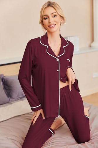 Ekouaer Pajamas Womens Long Sleeve Sleepwear Button Down Loungewear Pjs Set - color: Wine Red, size: X-Small