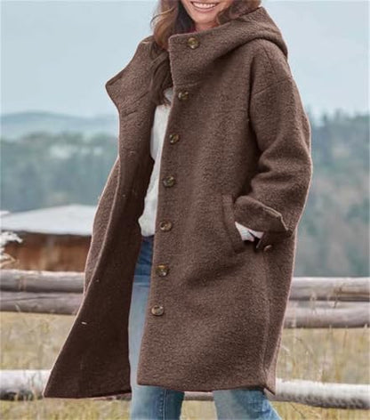 chouyatou Women's Winter Single Breasted Long Wool Coat with Hood Casual Wool Blend Trench Coat Jacket - color: Coffee, size: Medium