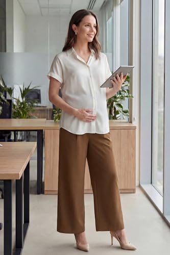 OUGES Women's Wide Leg Summer Business Casual Maternity Pants with Pockets - color: Dark Coffee, size: Small