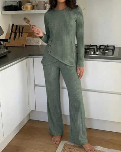 CHICME Womens 2 Piece Lounge Set Button Down Top Wide Leg Pants - color: Green, size: Large