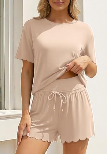Charmo Two Piece Short Sets Women Scalloped Summer Maternity Outfits 2026 - color: Beige, size: X-Large