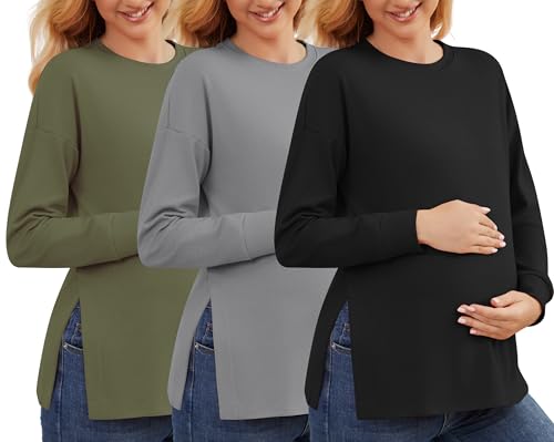 Womens 3 Packs Maternity Shirts Long Sleeve Side Ruched Pregnancy Tee Workout Top Tunic Blouse Mama Clothes - color: Black/Grey/Green, size: Medium