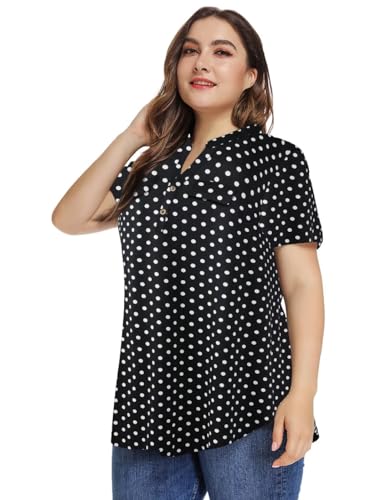 MONNURO Womens Plus Size Tops Button Down Tunic Plaid Shirts Casual Blouses - color: Black Polka Dot, size: 5X