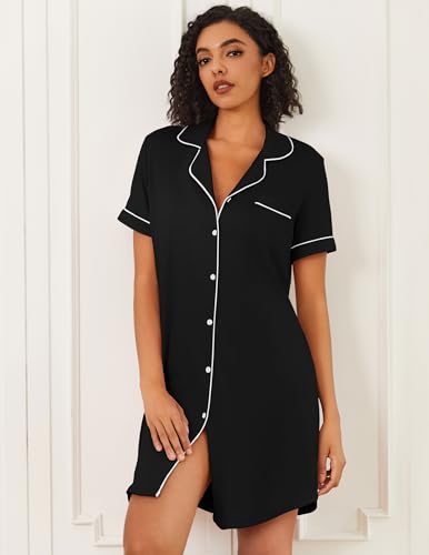 Ekouaer Nightgowns for Women Bamboo Viscose Button Down Sleepshirts - color: Black, size: Small