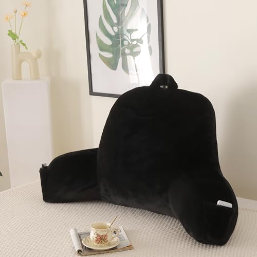 Soft Reading Pillow for Bed with Arms,Middle,Black,Faux Fur - color: Black, size: Standard(17")