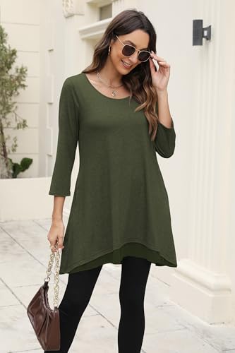 Poetsky Womens 3/4 Sleeve Tunic Tops for Leggings Long Shirts with Pockets - color: Army Green, size: Medium