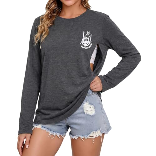 Womens Nursing Breastfeeding Shirt Long Sleeve Hidden Zipper Postpartum Top - color: B-grey, size: Medium