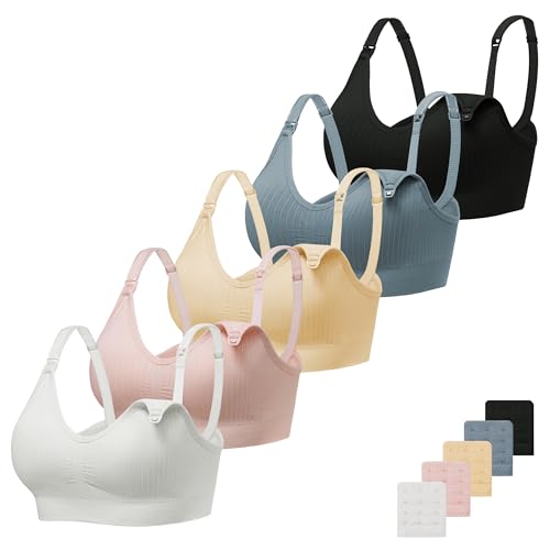 Angelhood Ribbed Nursing Bras 5 Pack Wireless V Neck Maternity Nursing Bra - color: Black/Blue/Pink/Nude/White, size: XX-Large