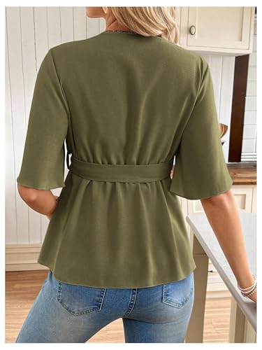 MakeMeChic Women's Maternity Nursing Blouse Wrap Belted Pregnancy Shirt - color: Dark Green, size: Medium