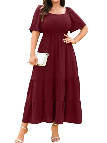RWJ Women's Plus Size Summer Dresses Short Sleeve Smocked Boho Maxi Dress - color: Burgundy, size: Large Plus