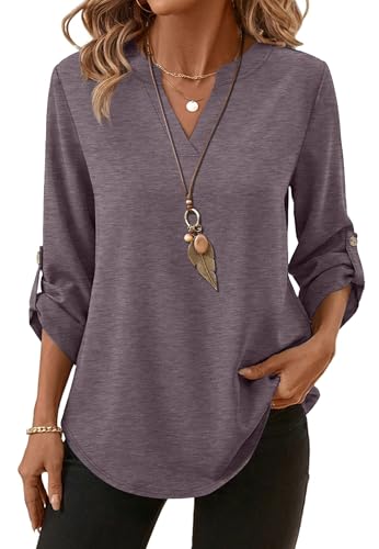 XIEERDUO 3/4 Length Sleeve Womens Tops V Neck T Shirts Both Side Buttons Blouses Business Casual Outfits Loose Fit - color: Grey Purple, size: Small