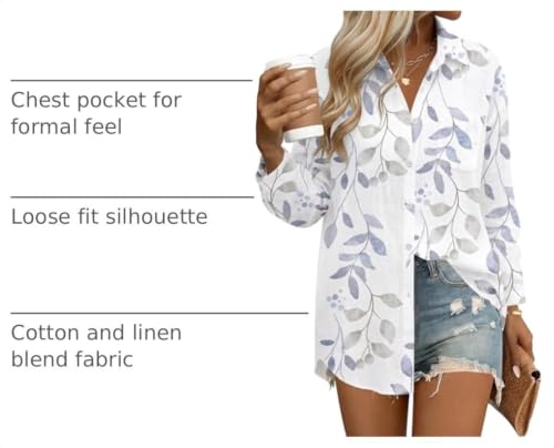 HOTOUCH Womens Button Down Shirts Linen Cotton Long Sleeve Blouse Loose Fit - color: B-white Leaves, size: Medium