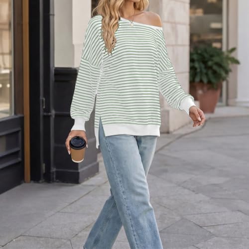 Fall Tops for Women 2026 off Shoulder Striped Top Long Sleeve Pullover Tops - color: Green, size: Small