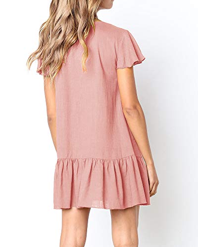 Imysty Womens Summer Polka Dot V Neck Button Down Loose Mini Dress - color: Z1-pink, size: Medium