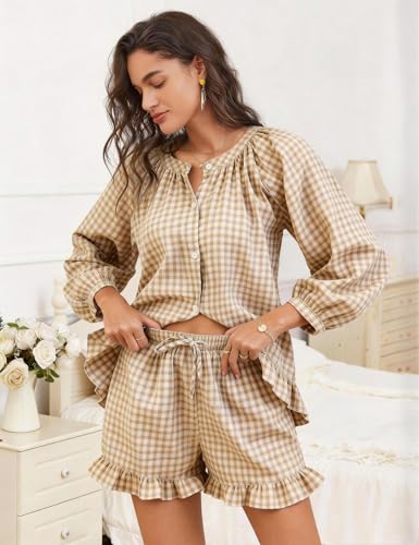 Flygo Womens Gingham 2 Piece Pajama Sets Y2K Cotton Ruffle Short Sets - color: Brown, size: Small