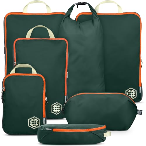 TRIPPED Travel Gear Large Compression Packing Cubes 7-Piece Set for Travel - color: Green/Orange