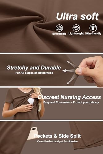 OUGES Womens 2026 Summer Short Sleeve Maternity Nursing Dress V Neck Breastfeeding Split Long Dress Pregnancy Clothes - color: Coffee, size: Large