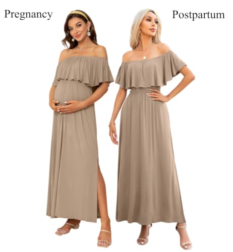 Off Shoulder Ruffle Sleeve Maternity Maxi Dress Side Slit - color: Khaki, size: X-Large