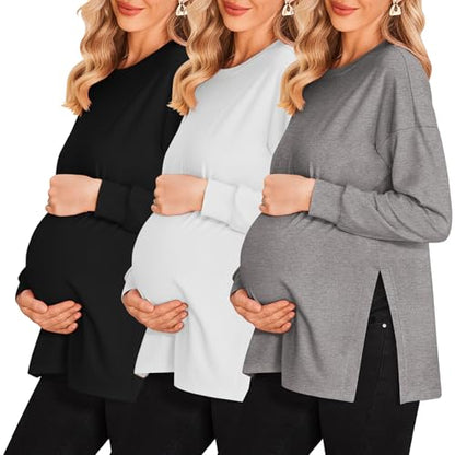 Ekouaer 3 Packs Maternity Shirts Split Side Pregnancy Workout Tops - color: 3pcs- Black + White + Grey, size: Medium
