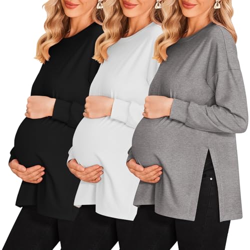 Ekouaer 3 Packs Maternity Shirts Split Side Pregnancy Workout Tops - color: 3pcs- Black + White + Grey, size: Large