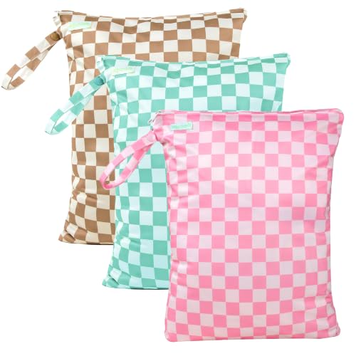 wegreeco Wet Dry Bag for Baby Swimsuit, Small Wet Dry Bag for Clothes Diaper and Breast Pump Parts, Large Baby bag for Travel,Gym Clothes,Beach,Pool,Extra Clothes (Pink & Brown Checkers, 3 Pack) - color: Pink & Brown Checkers, 3 Pack