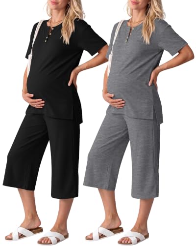 2 Pack Maternity Lounge Outfits - color: Black, Dark Mix Gray