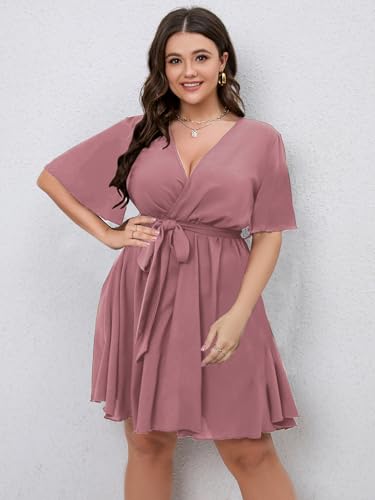 SCOMCHIC Women's Plus Size Wrap Summer Mini Dress - color: Dusty Pink, size: XX-Large Plus