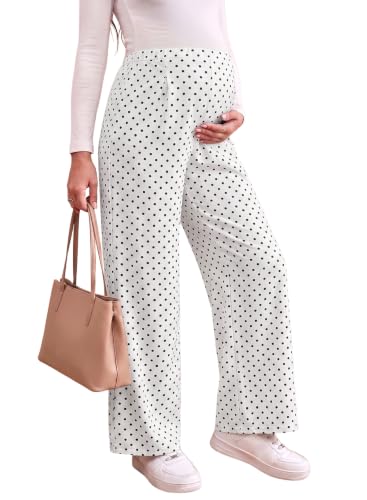 BLENCOT Women's Maternity Flowy Pants Polka Dot Pregnancy Trousers - color: White, size: Small