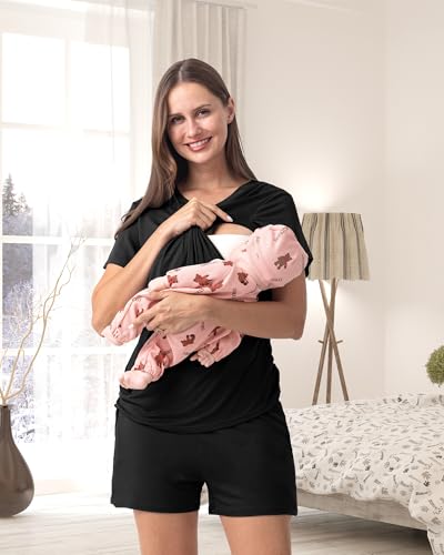 Rnxrbb 3 Piece Maternity Nursing Pajamas Set for Women Postpartum Pjs - color: Black, size: Medium