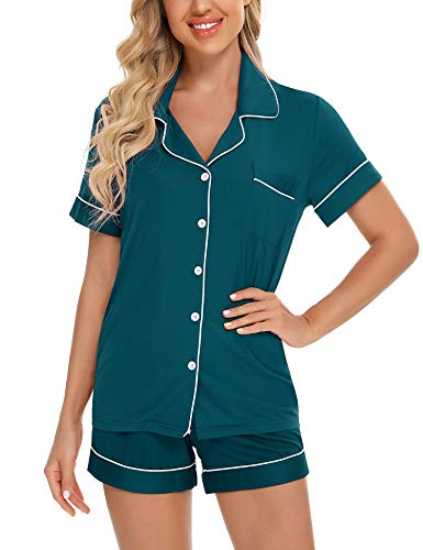 Senert Womens Pajamas Set Short Sleeve Sleepwear - color: A Green With Line, size: Medium