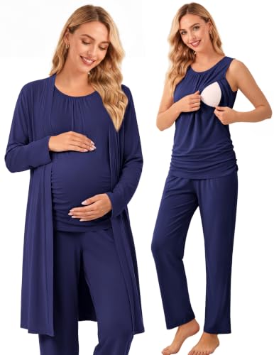 Women 3PCS Maternity Robe Sets Nursing Pajamas Postpartum Breastfeeding Pjs - color: Navy Blue, size: Small