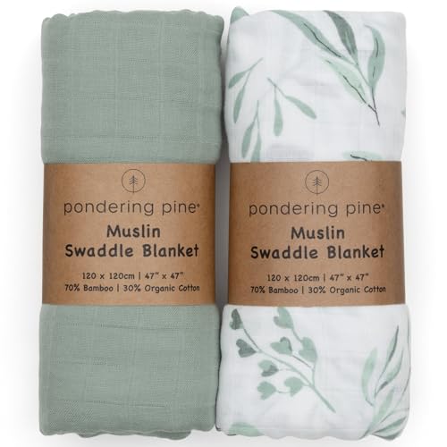 Organic Baby Muslin Swaddle Blankets for Boy or Girl - Eucalyptus Leaves and Sage Swaddling Blanket 2 Pack - Soft Muslin, XLarge and Breathable, Boho Baby, 47" X 47" - color: Eucalyptus, Sage