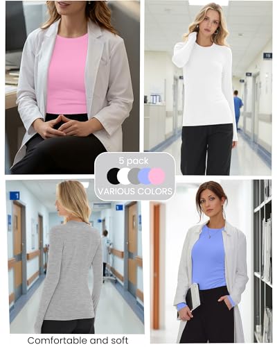 Oakgarden 5 Pcs Womens Long Sleeve Underscrub Shirt Crew Neck - color: Black, White, Light Mixed Gray, Periwinkle, Pink, size: Small