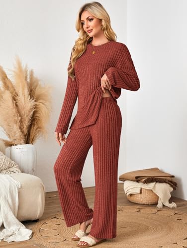 Kikibell Womens Sets 2 Piece Outfits Matching Lounge Set Cozy Knit Pajamas - color: Brick Red, size: Medium