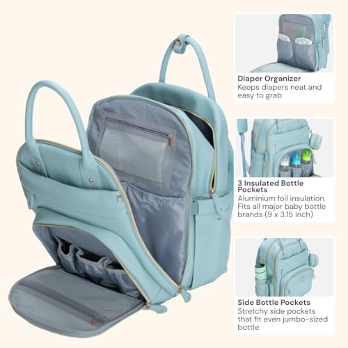BabbleRoo Leather Diaper Bag Backpack - Baby Essentials Travel Baby Bag, Multi function, Water Resistant, with Changing Pad, Stroller Straps & Pacifier Case – Unisex, Powder Blue - color: Vegan Leather Powder Blue, size: Large