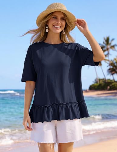 MEROKEETY Women's 2026 Summer Short Sleeve Peplum Casual Ruffle Tops - color: Navy, size: X-Large