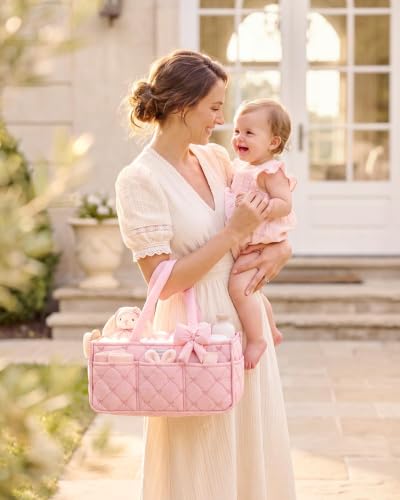 Blissful Diary Baby Diaper Caddy Organizer, Nursery Basket, Bow Light Pink - color: Bow Light Pink