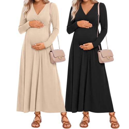 Neer 2 Pcs Maternity Maxi Dresses Long Sleeve Fall Nursing Dress - color: Cream, Black, size: Large