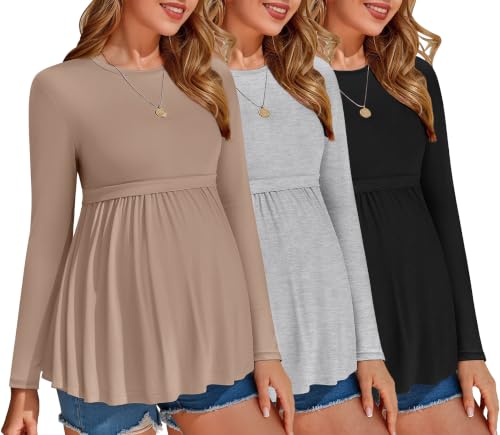 Ekouaer Maternity Shirts 3 Pack Pleated Long Sleeve Tops Pregnancy Clothes - color: Black/Light Grey/Khaki, size: Medium