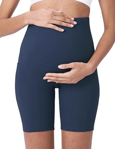 POSHDIVAH Maternity Biker Shorts Over the Belly with Pockets 5"/8" - color: Navy Blue, size: Large