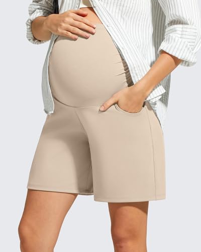 G4Free ShiftReady Maternity Shorts with Pockets Over The Belly Pregnancy Summer Casual Daily Clothes - color: Light Khaki, size: Medium